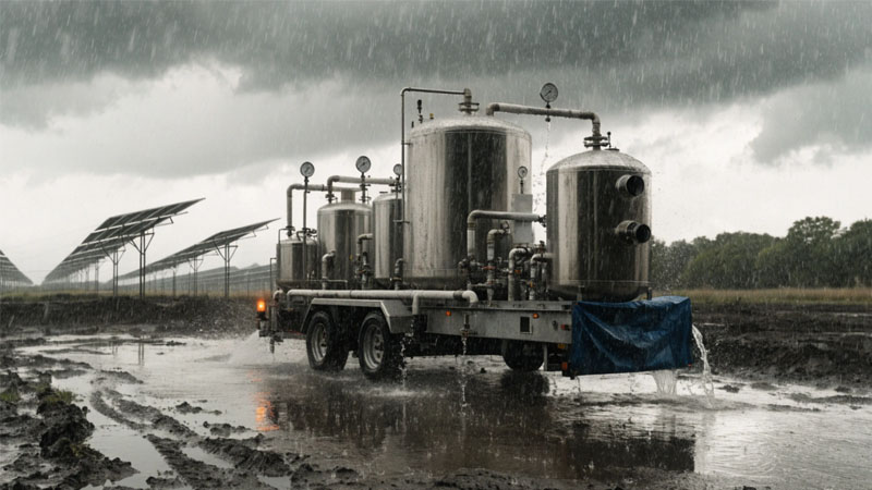 A mobile water treatment trailer operating in a muddy field next to a solar farm