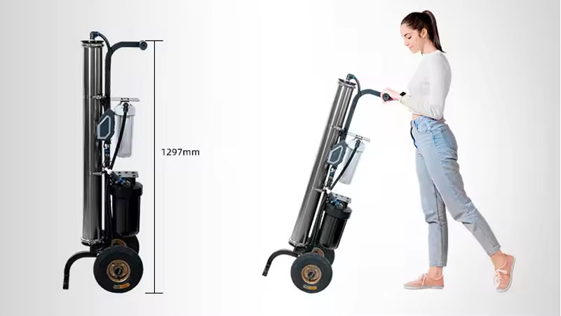 A portable, multi-stage RO/DI filtration cart designed for professional cleaning applications