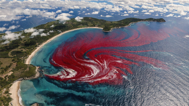 A satellite image showing a massive red tide algal bloom along a coastline