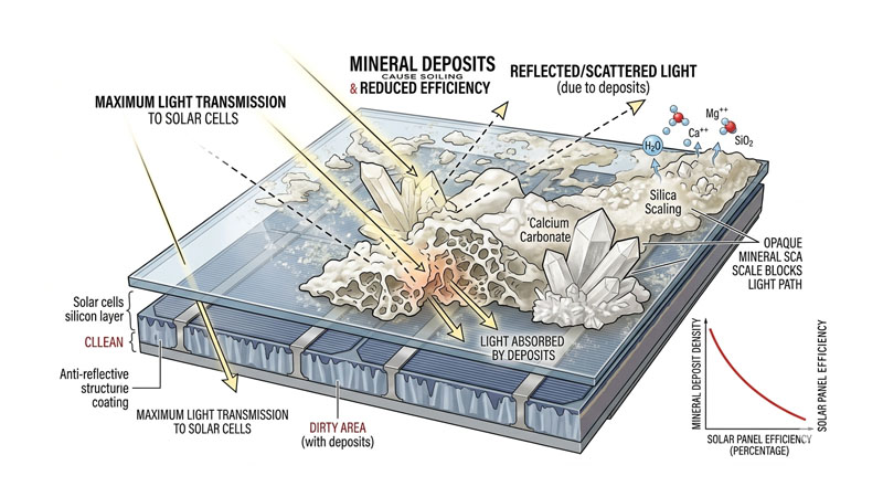 A scientific illustration showing light being reflected and blocked by mineral deposits on a solar panel's surface