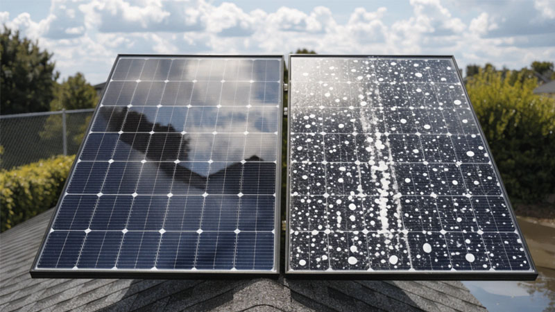 A side-by-side photo of a clean solar panel next to one covered in white mineral spots from tap water