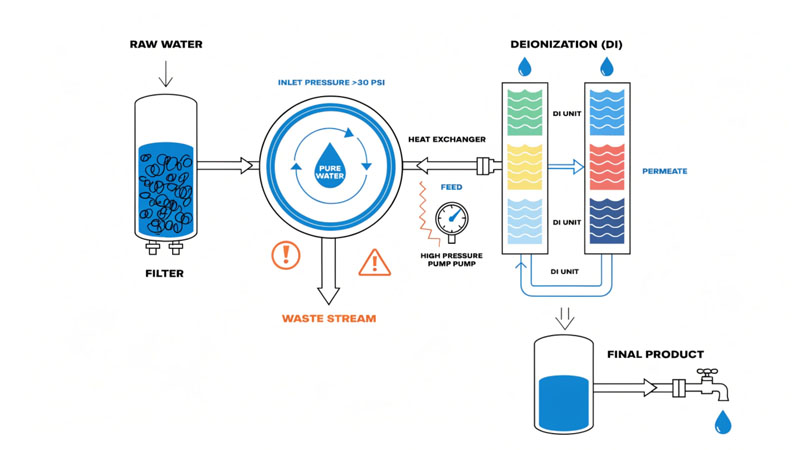 A simplified schematic of a Reverse Osmosis (RO) or Deionization (DI) water purification system