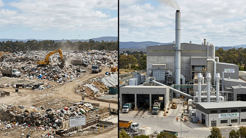 A split image showing a landfill on one side and an industrial incinerator on the other