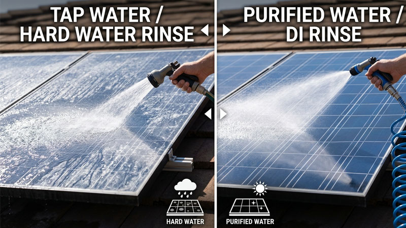 A split-screen image showing a solar panel being sprayed with hard water on one side, leaving white spots, and purified water on the other, leaving a clean surface