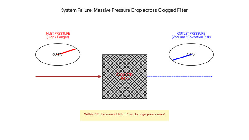 A system diagram with pressure gauges showing high pressure before a clogged standard filter and a dangerously low 