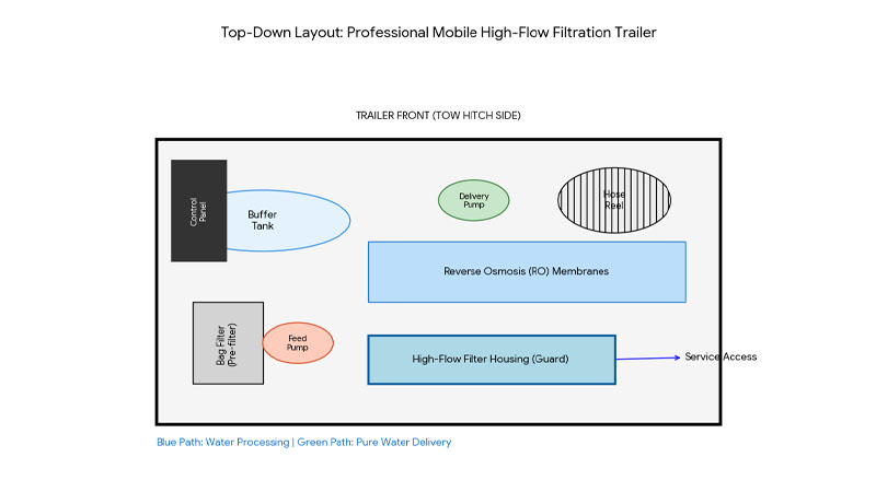 A top-down view of a well-designed trailer layout for a mobile water system