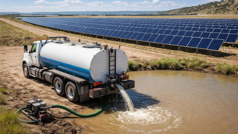 A water truck filling up from a silty pond near a remote solar farm