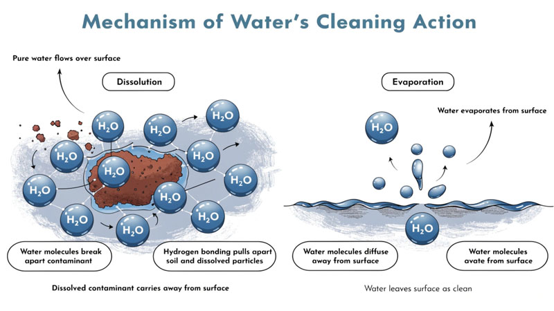 An illustration showing pure H₂O molecules dissolving dirt from a surface and then evaporating, leaving it perfectly clean