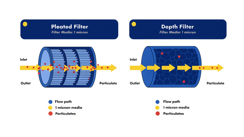 An image comparing the cross-section of a pleated filter and a depth filter, both labeled 1 micron