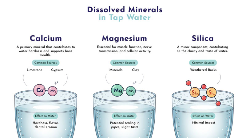 An infographic showing common dissolved minerals found in tap water like Calcium, Magnesium, and Silica