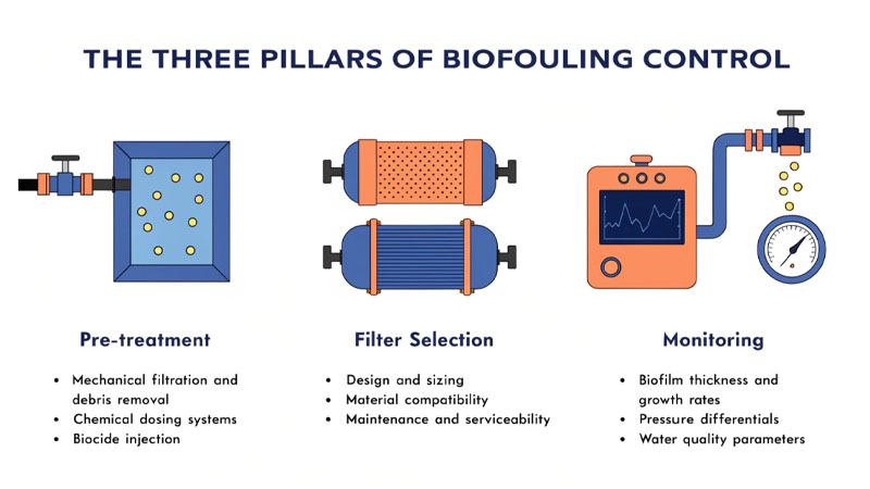 An infographic showing the three pillars of biofouling control: Pre-treatment, Filter Selection, Monitoring