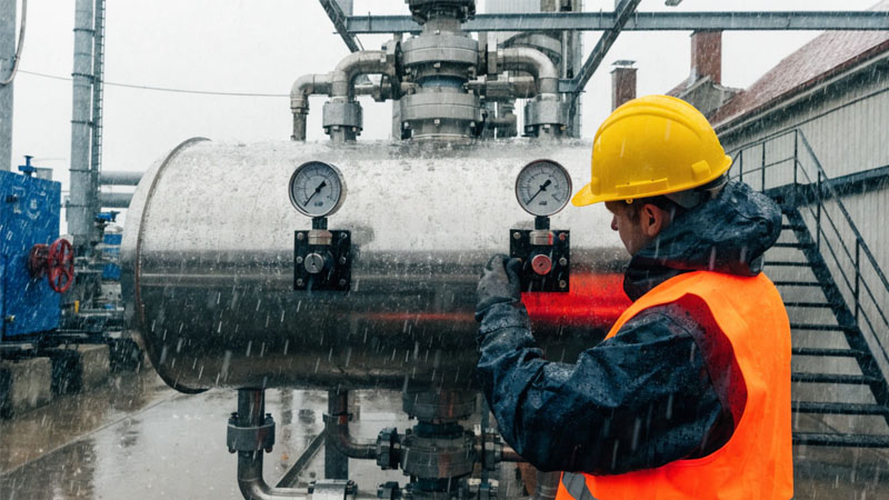 Diagram showing fluid flow causing vibration in a filter cartridge