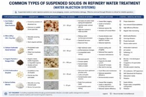 Suspended solids commonly found in refinery water treatment (water injection systems)