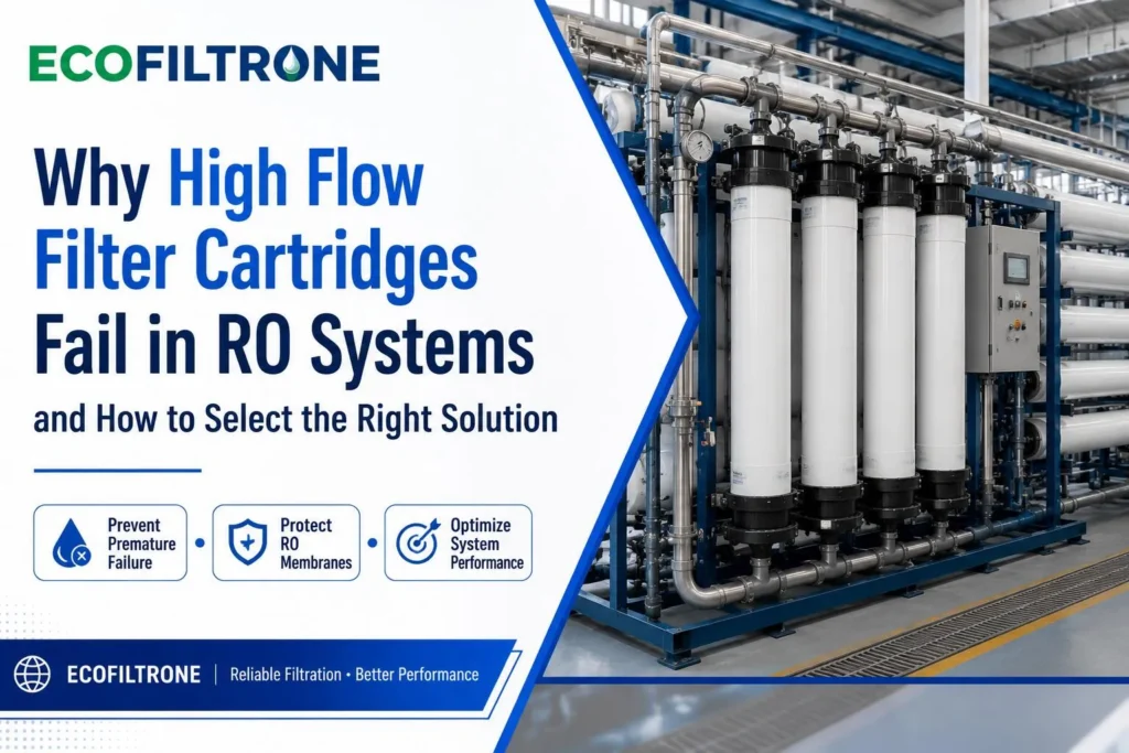 Large-diameter high flow filter cartridges inside an opened stainless stel filter housing at an RO plant