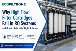 Large-diameter high flow filter cartridges inside an opened stainless stel filter housing at an RO plant